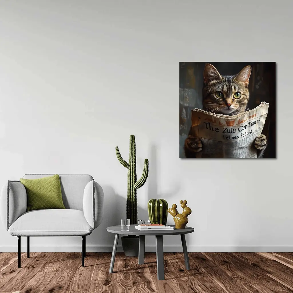 Tabby Cat Reading Newspaper Funny Art – Wall Art
