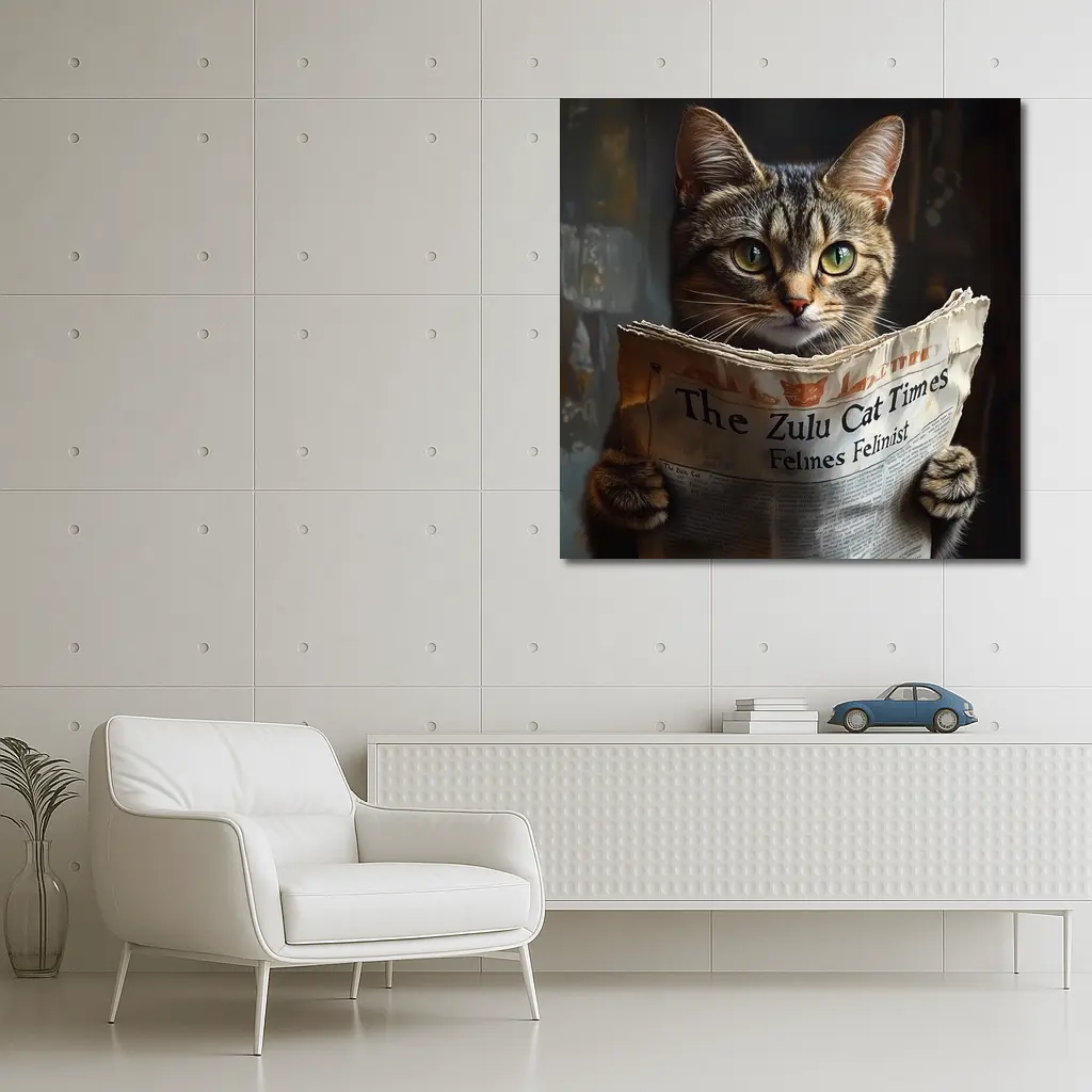 Tabby Cat Reading Newspaper Funny Art – Wall Art