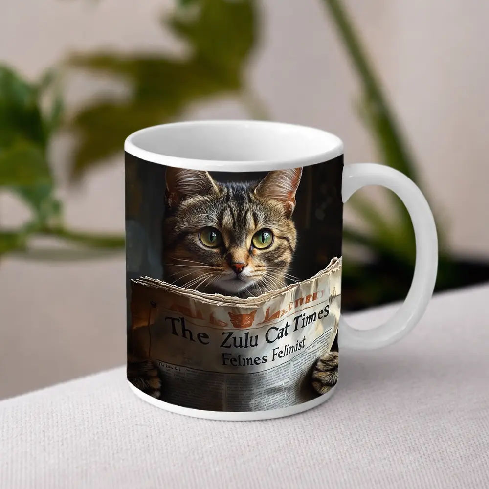 Tabby Cat Reading Newspaper Funny Art – Mugs