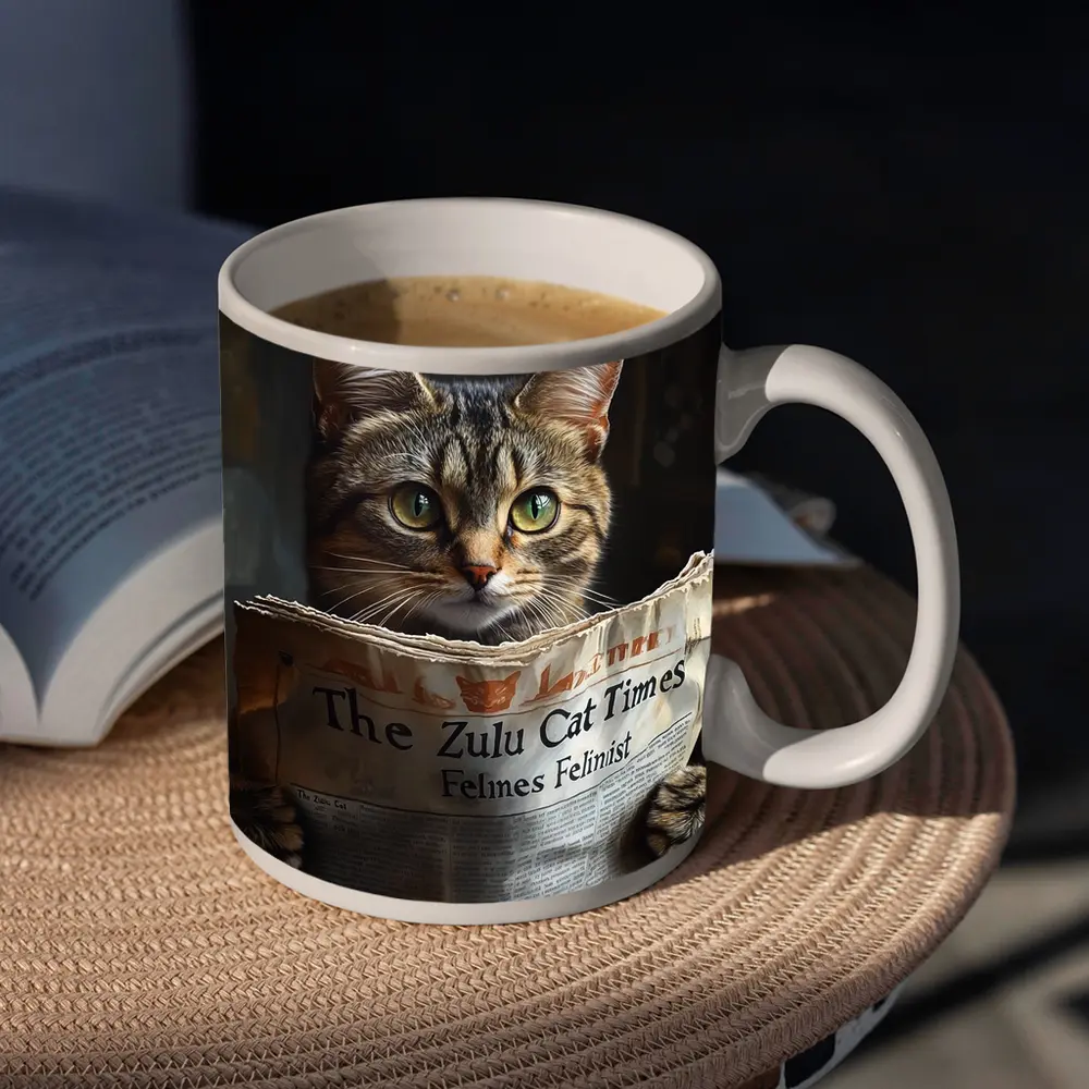 Tabby Cat Reading Newspaper Funny Art – Mugs