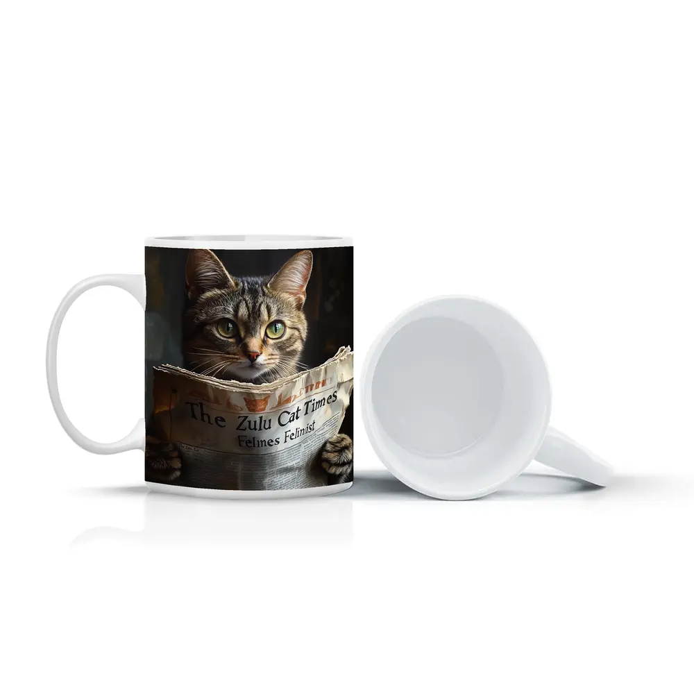 Tabby Cat Reading Newspaper Funny Art – Mugs