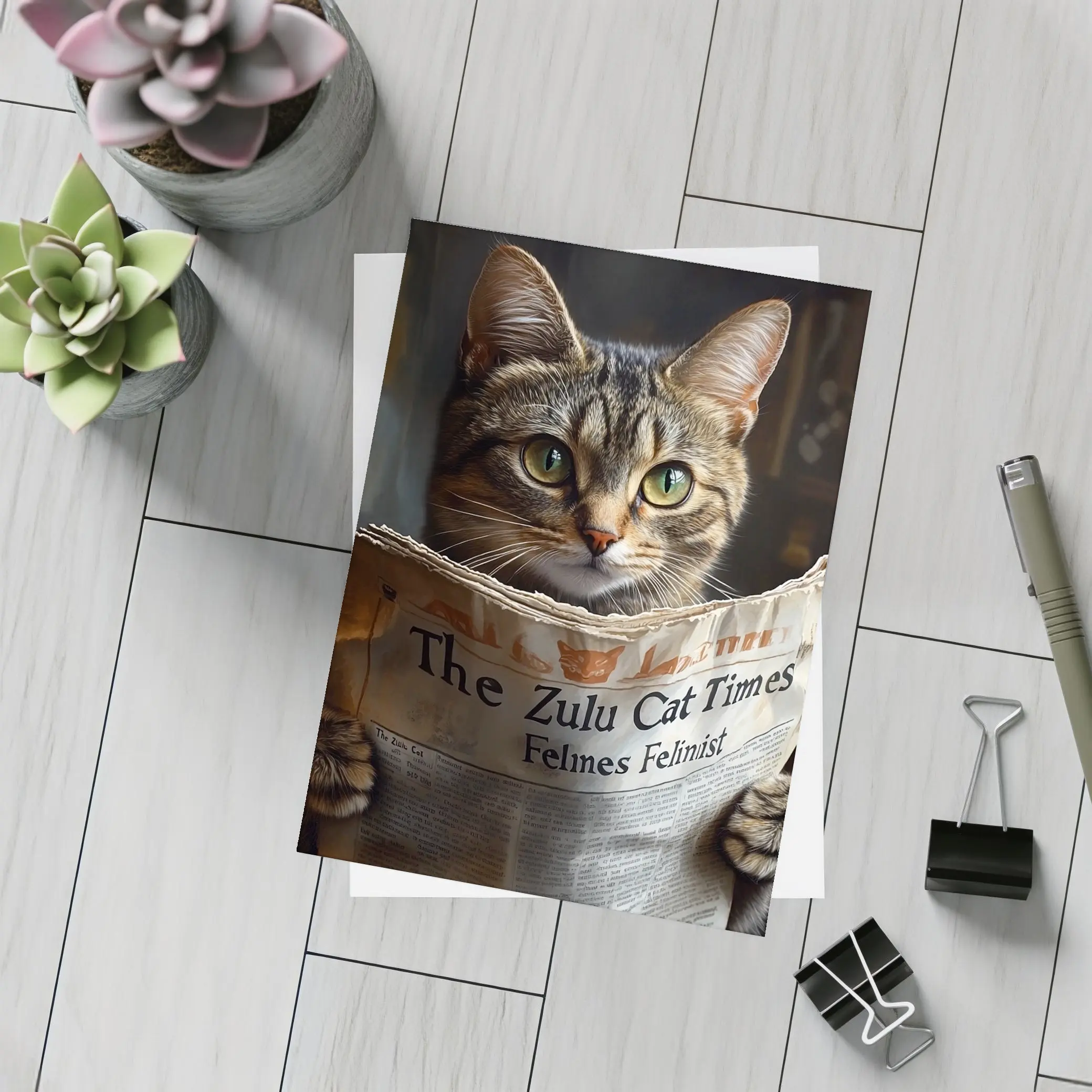 Tabby Cat Reading Newspaper Funny Art – Postcards