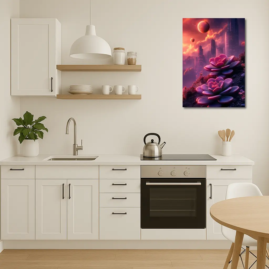 Succulent Flowers Futuristic City Purple Sky – Wall Art