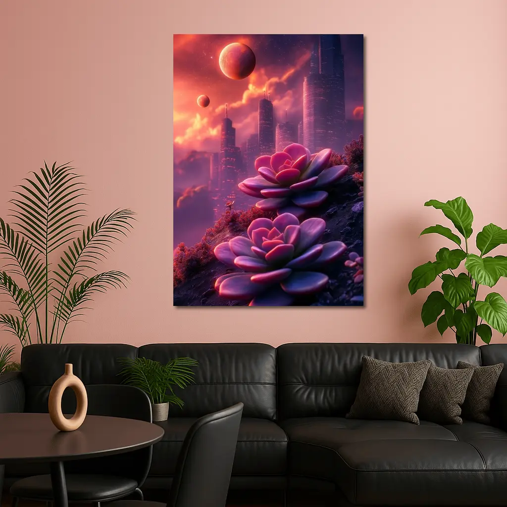 Succulent Flowers Futuristic City Purple Sky – Wall Art