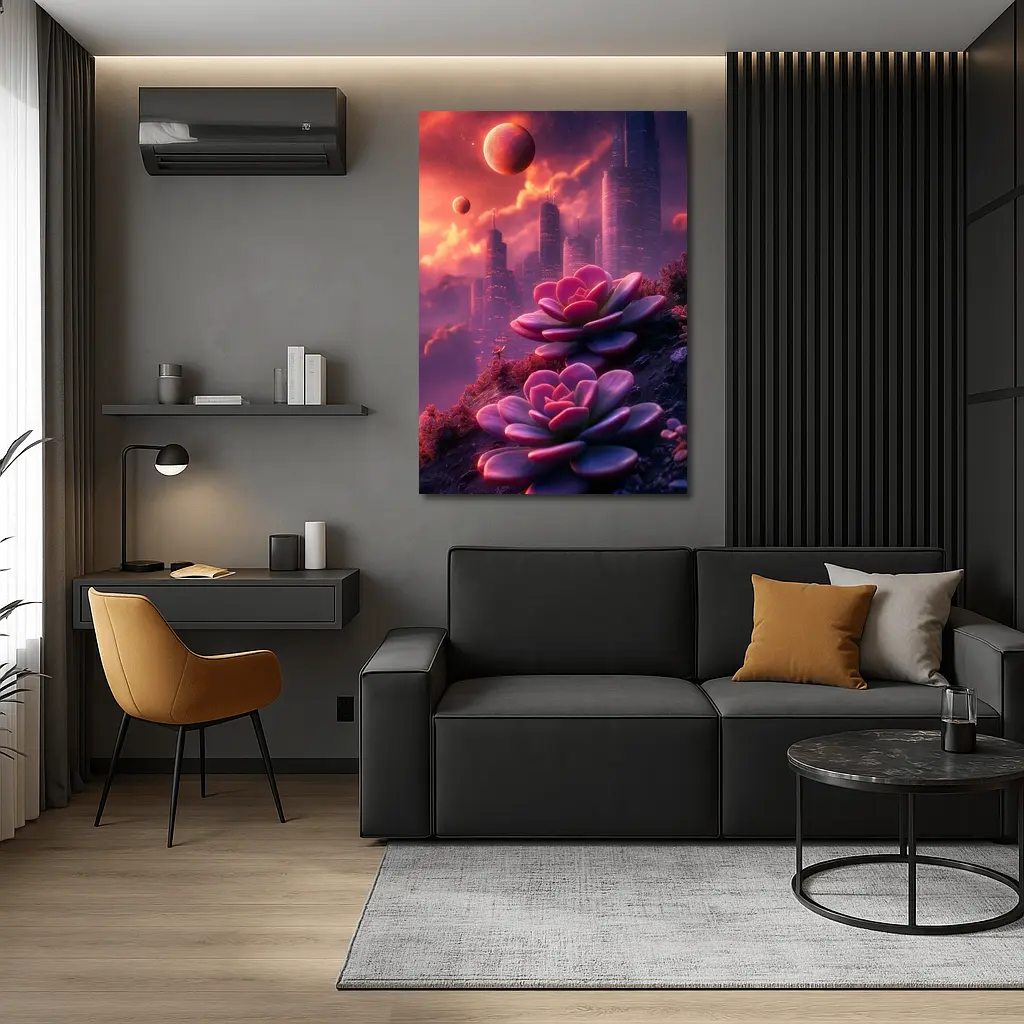 Succulent Flowers Futuristic City Purple Sky – Wall Art