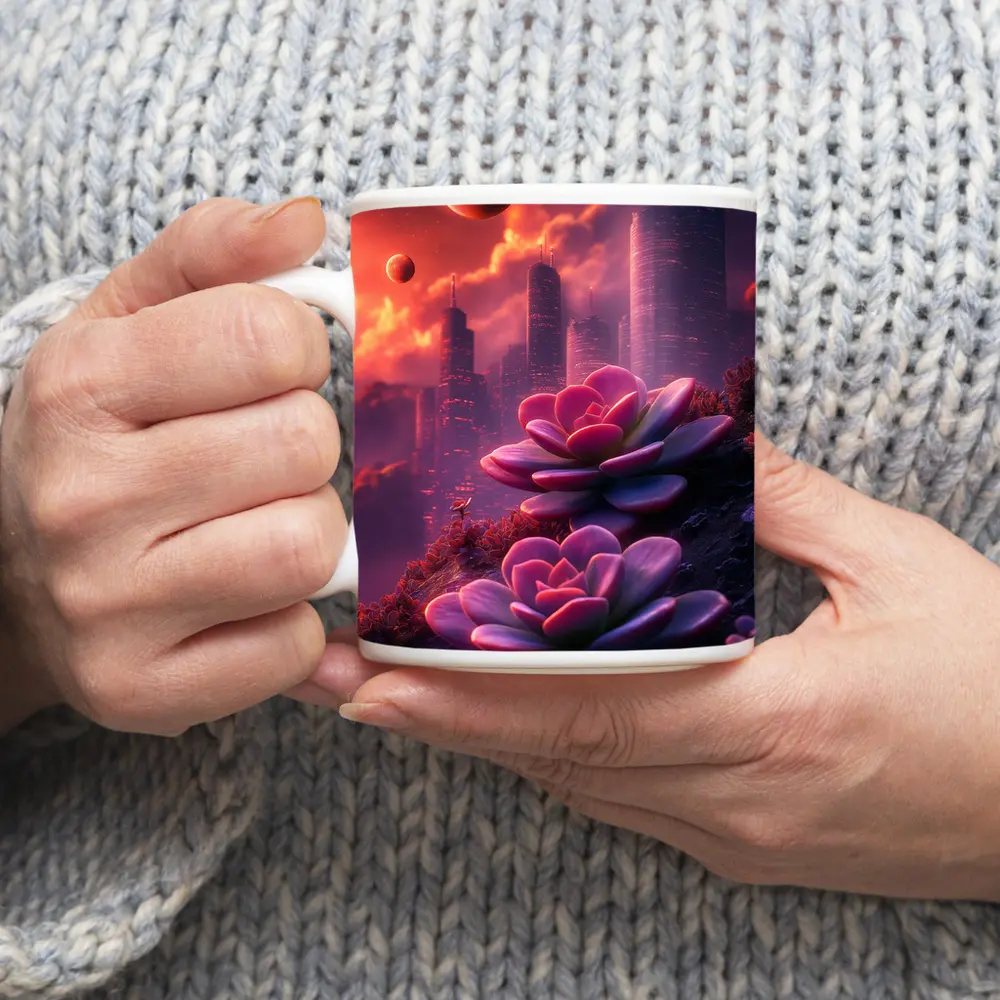 Succulent Flowers Futuristic City Purple Sky – Mugs