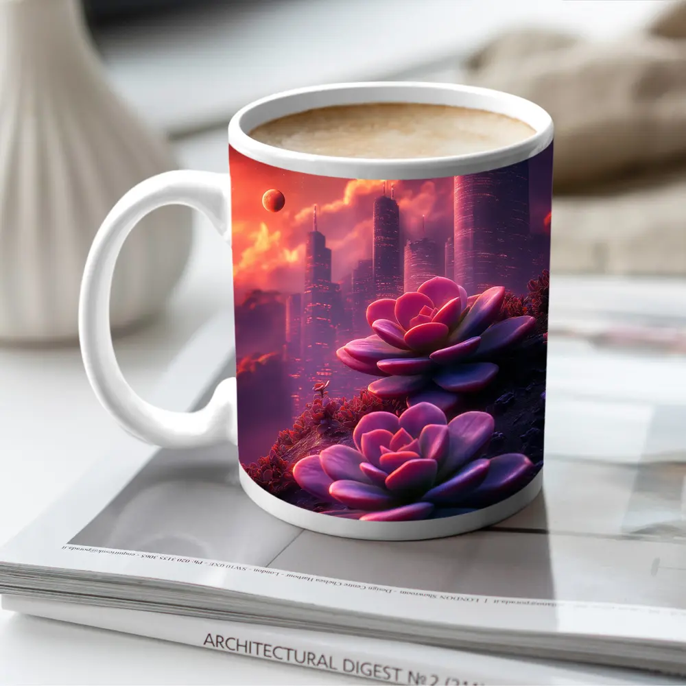 Succulent Flowers Futuristic City Purple Sky – Mugs