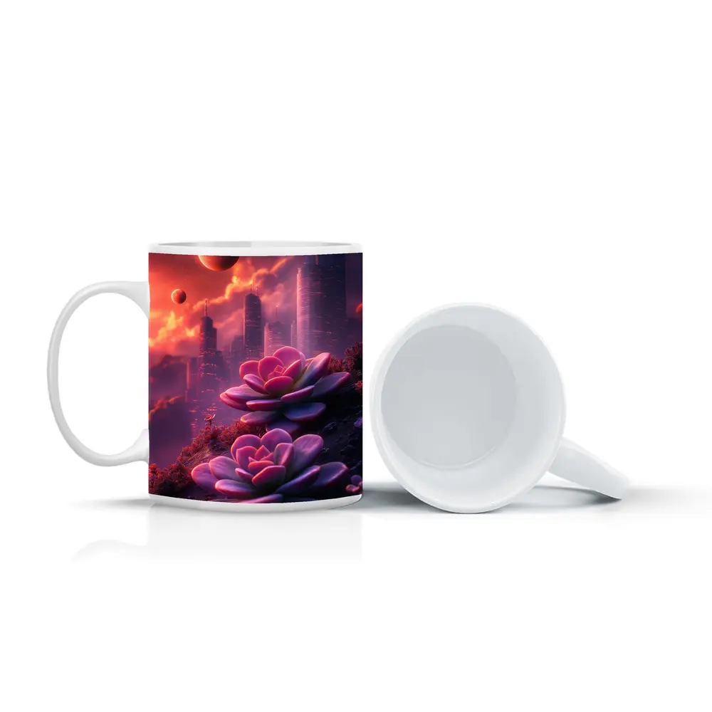 Succulent Flowers Futuristic City Purple Sky – Mugs