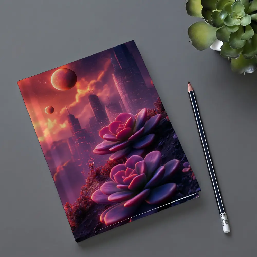 Succulent Flowers Futuristic City Purple Sky – Notebooks