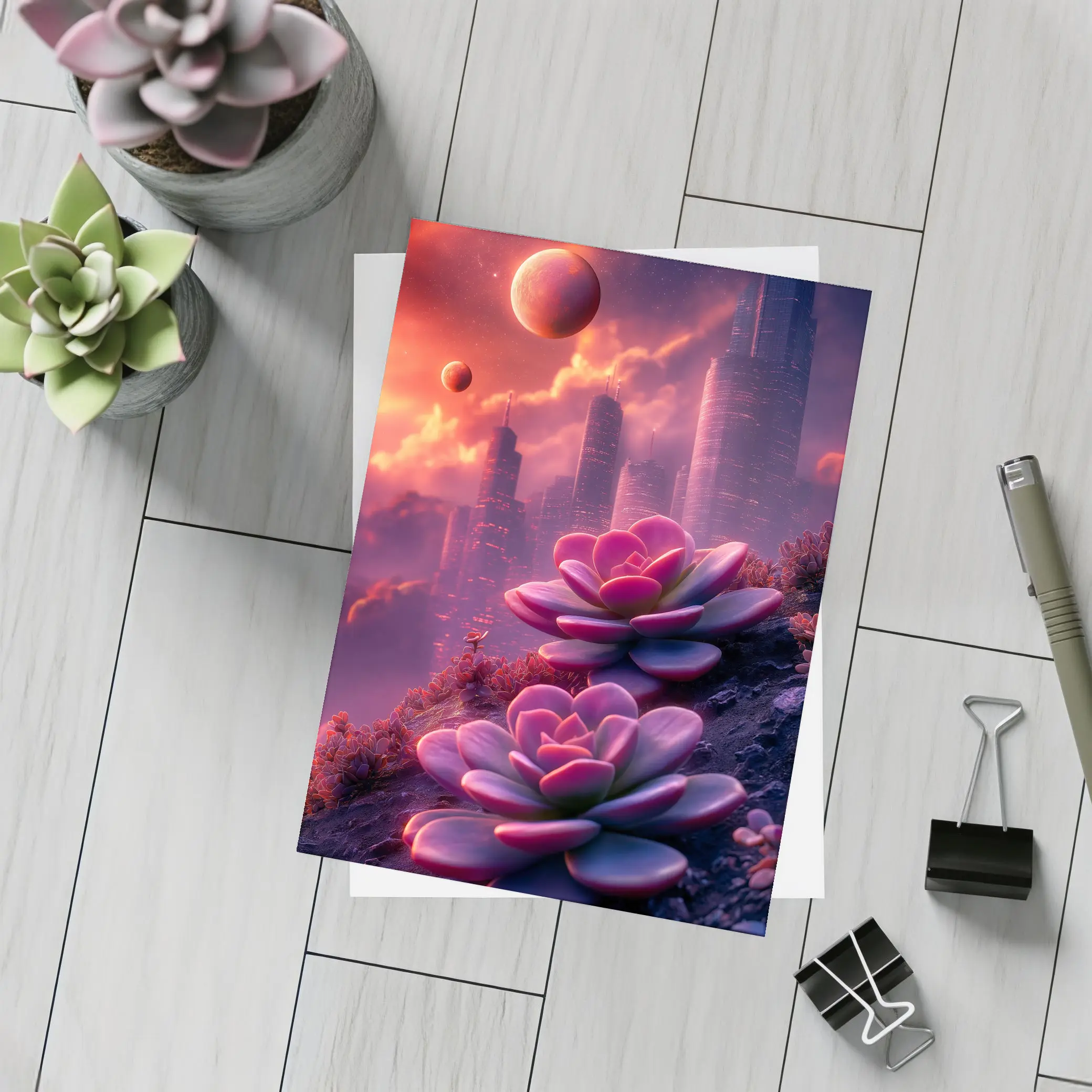 Succulent Flowers Futuristic City Purple Sky – Postcards