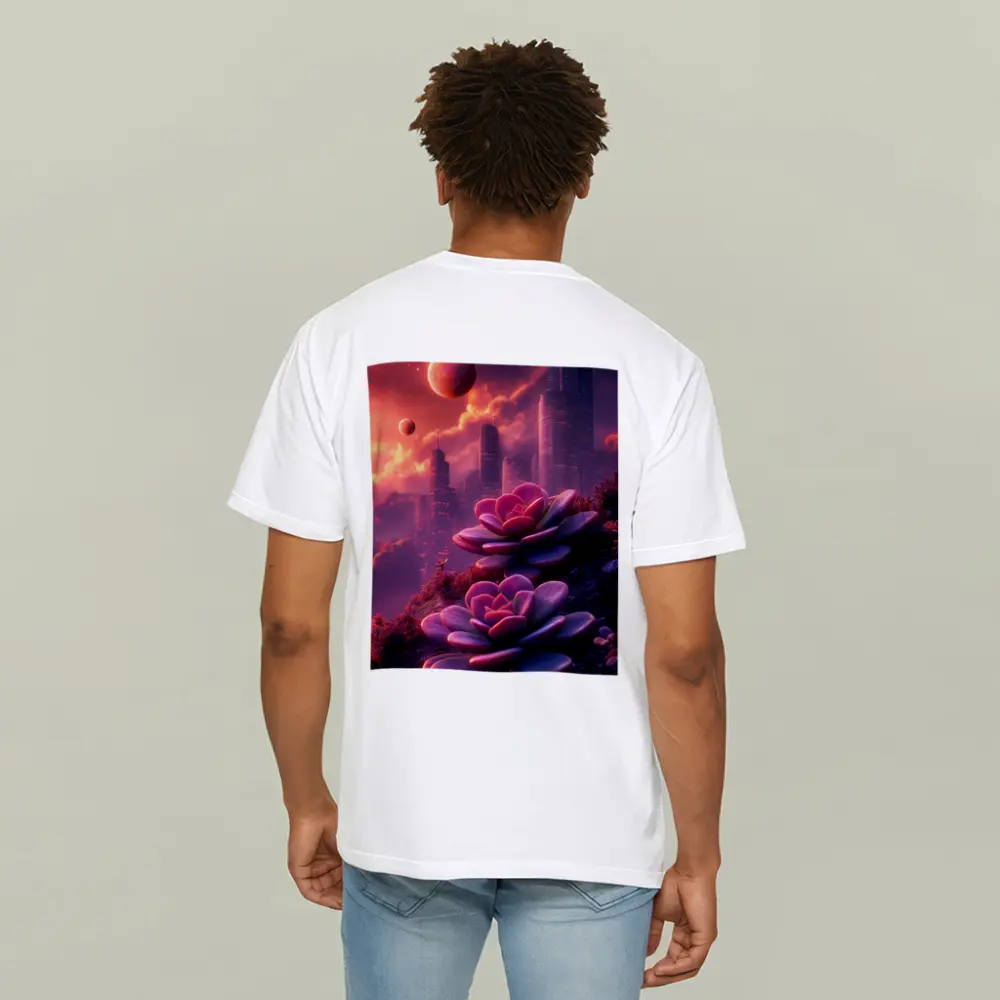 Succulent Flowers Futuristic City Purple Sky – T-Shirts