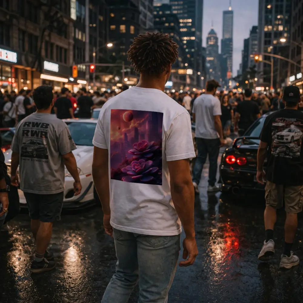 Succulent Flowers Futuristic City Purple Sky – T-Shirts