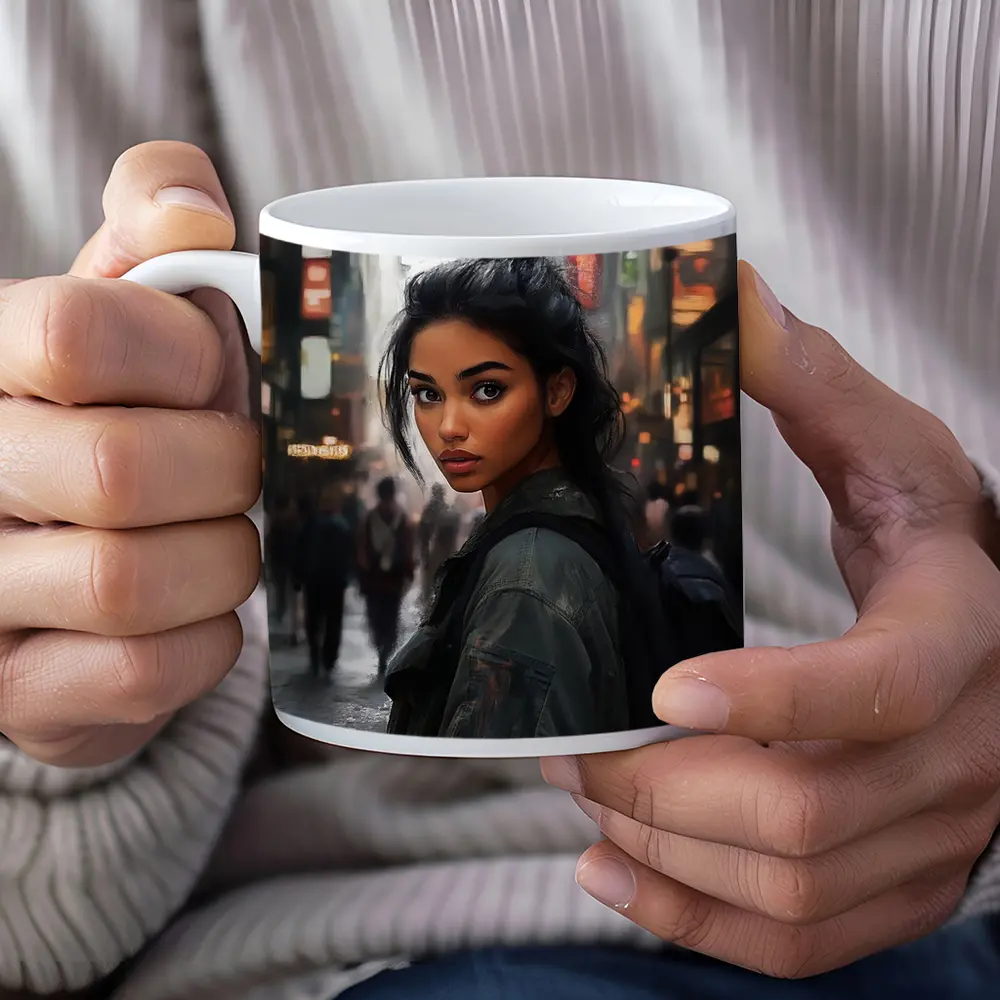 Young Woman Portrait City Street Digital Art – Mugs
