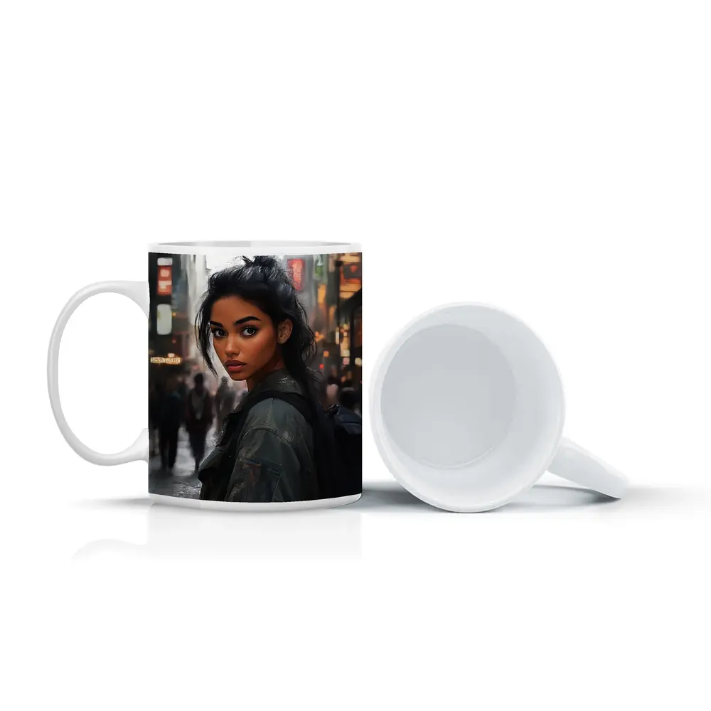 Young Woman Portrait City Street Digital Art – Mugs