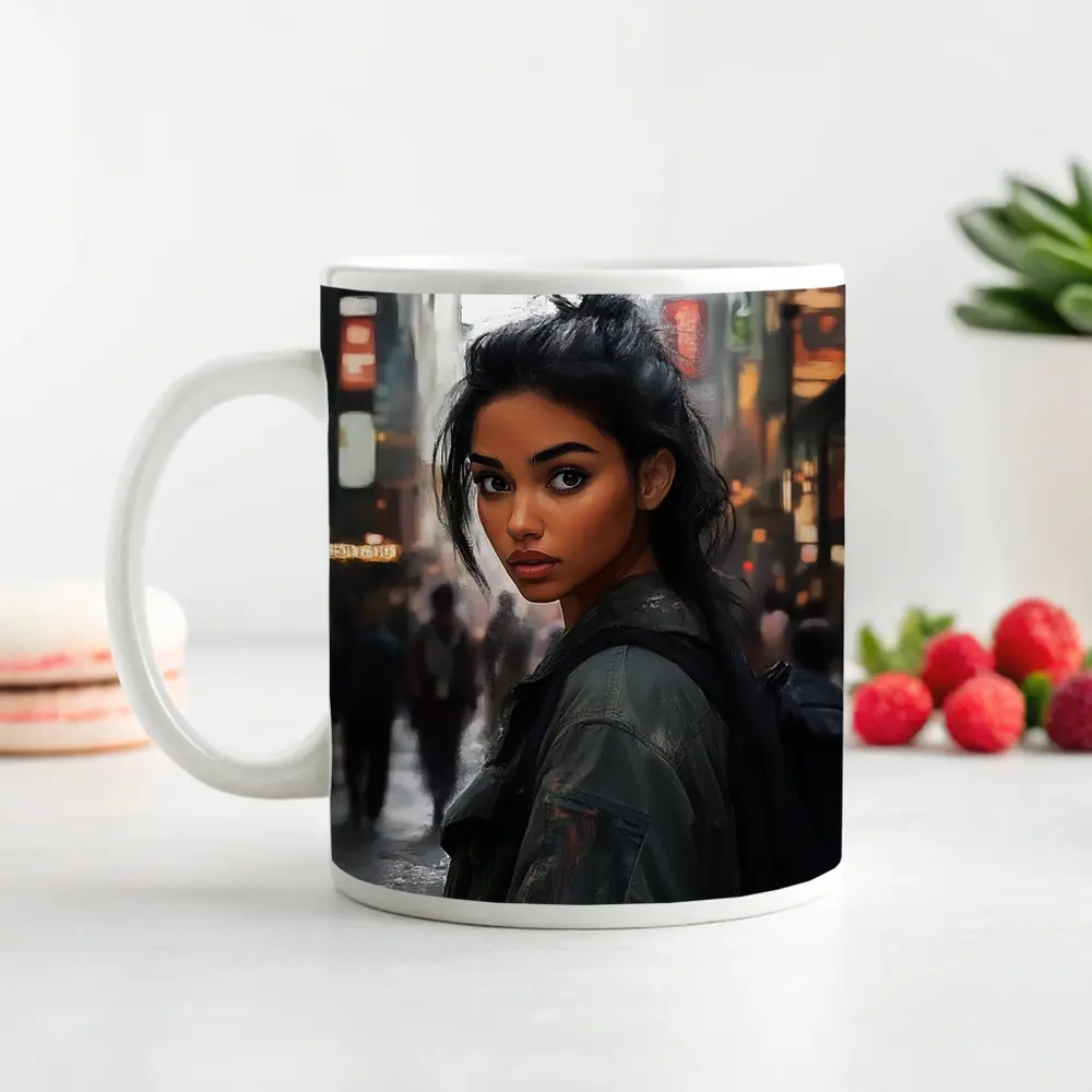 Young Woman Portrait City Street Digital Art – Mugs