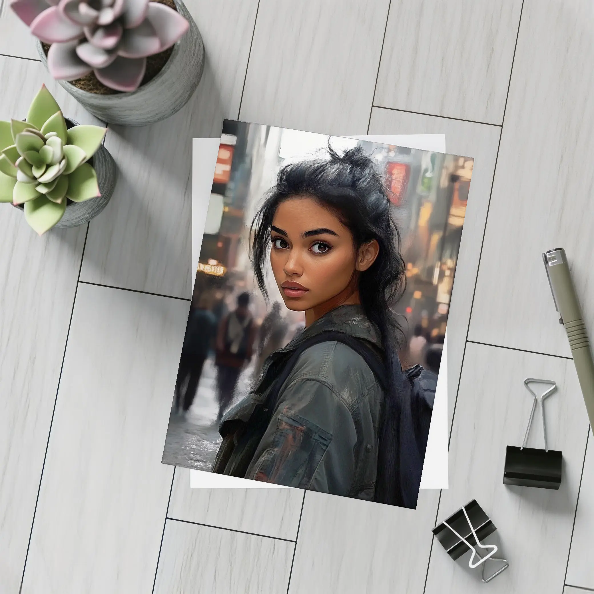 Young Woman Portrait City Street Digital Art – Postcards