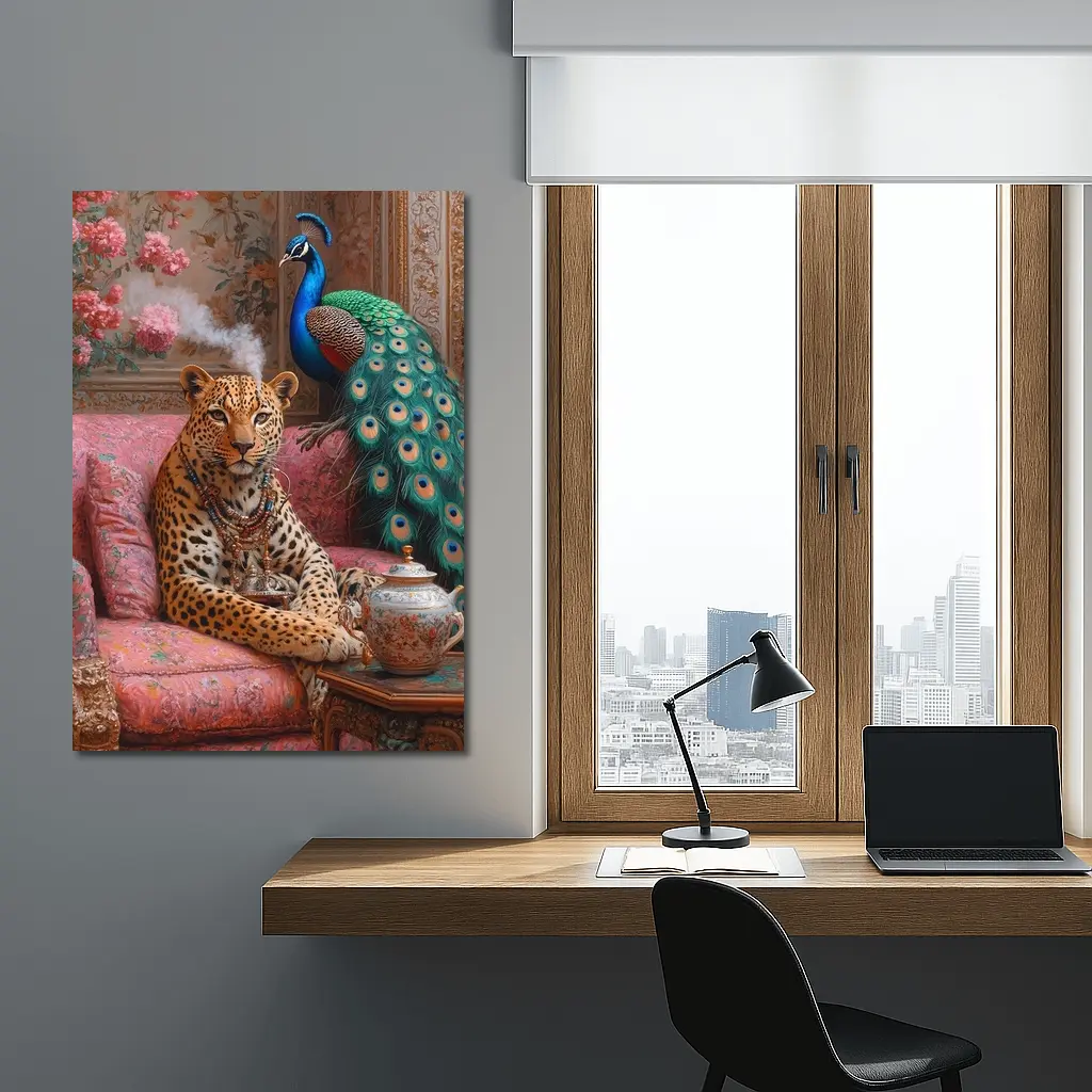 Leopard and Peacock in Ornate Victorian Interior – Wall Art