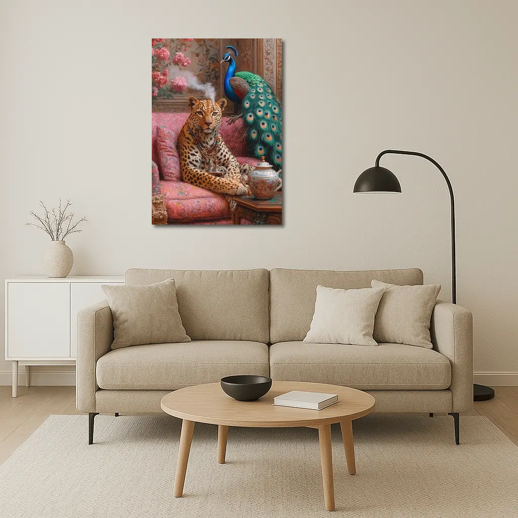 Leopard and Peacock in Ornate Victorian Interior – Wall Art
