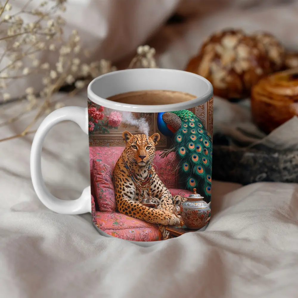 Leopard and Peacock in Ornate Victorian Interior – Mugs