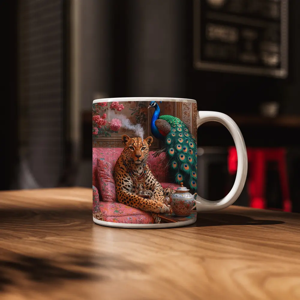 Leopard and Peacock in Ornate Victorian Interior – Mugs