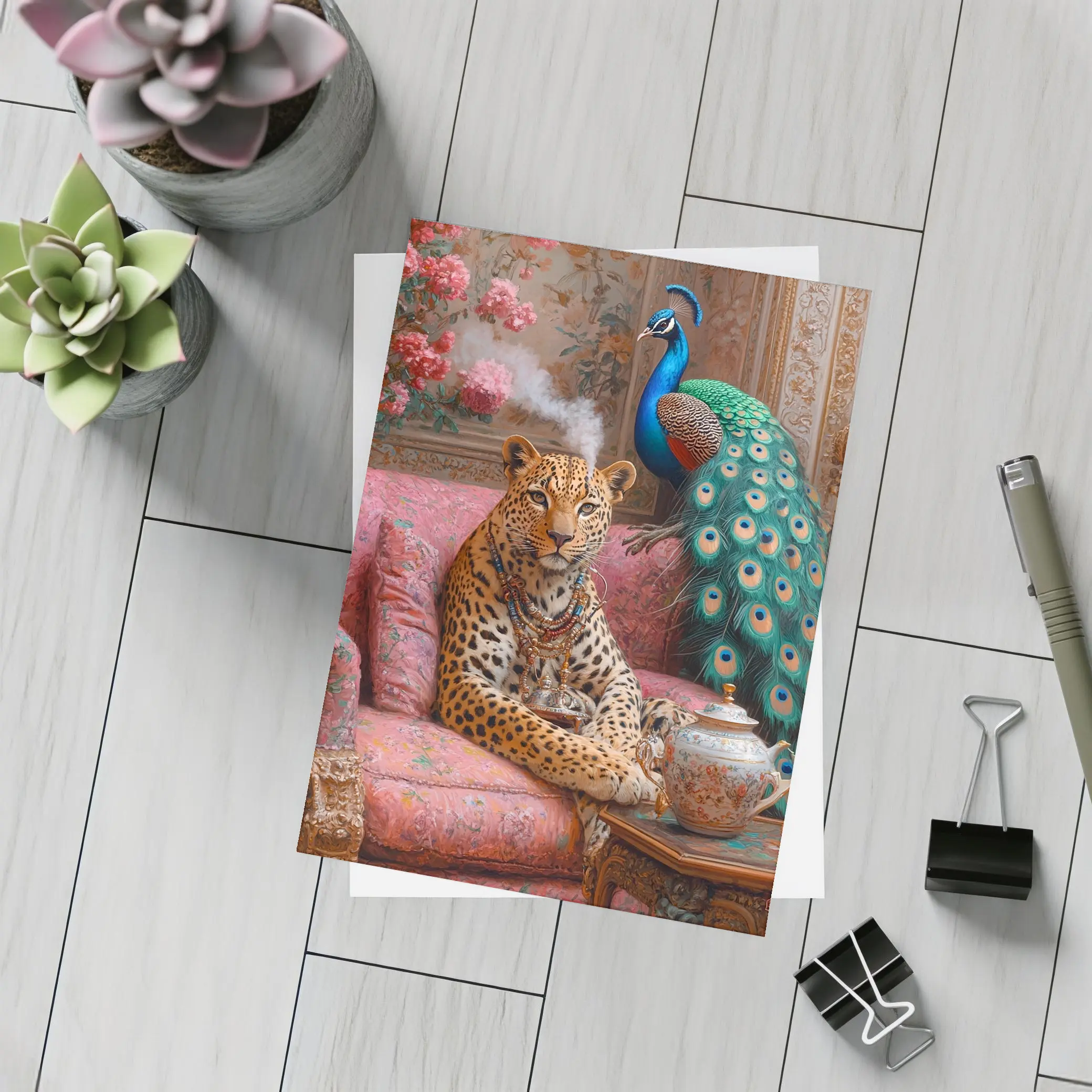 Leopard and Peacock in Ornate Victorian Interior – Postcards