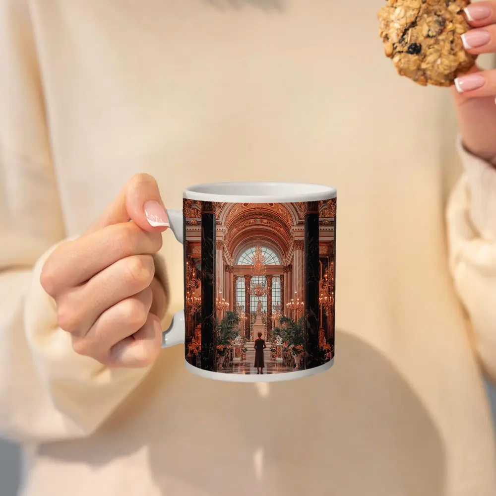 Woman Standing in Grand Baroque Palace Hall – Mugs