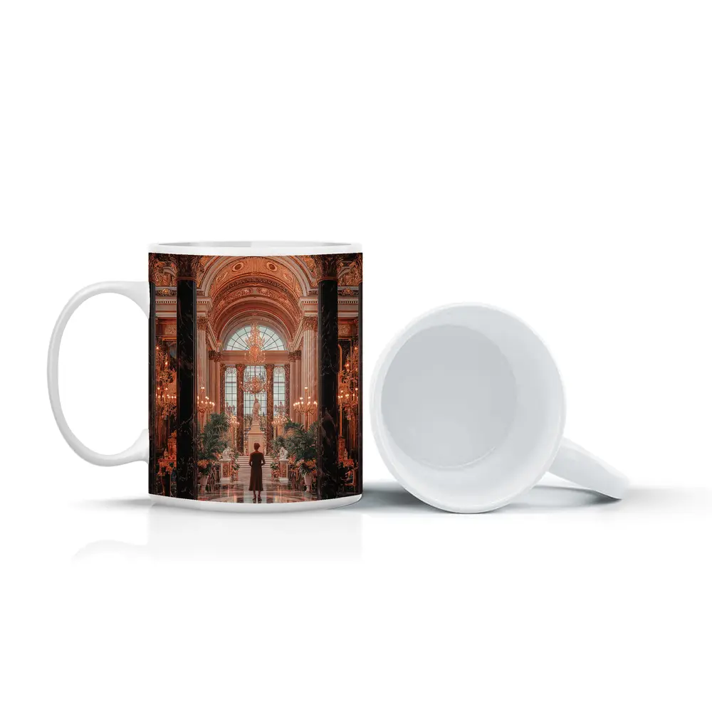 Woman Standing in Grand Baroque Palace Hall – Mugs