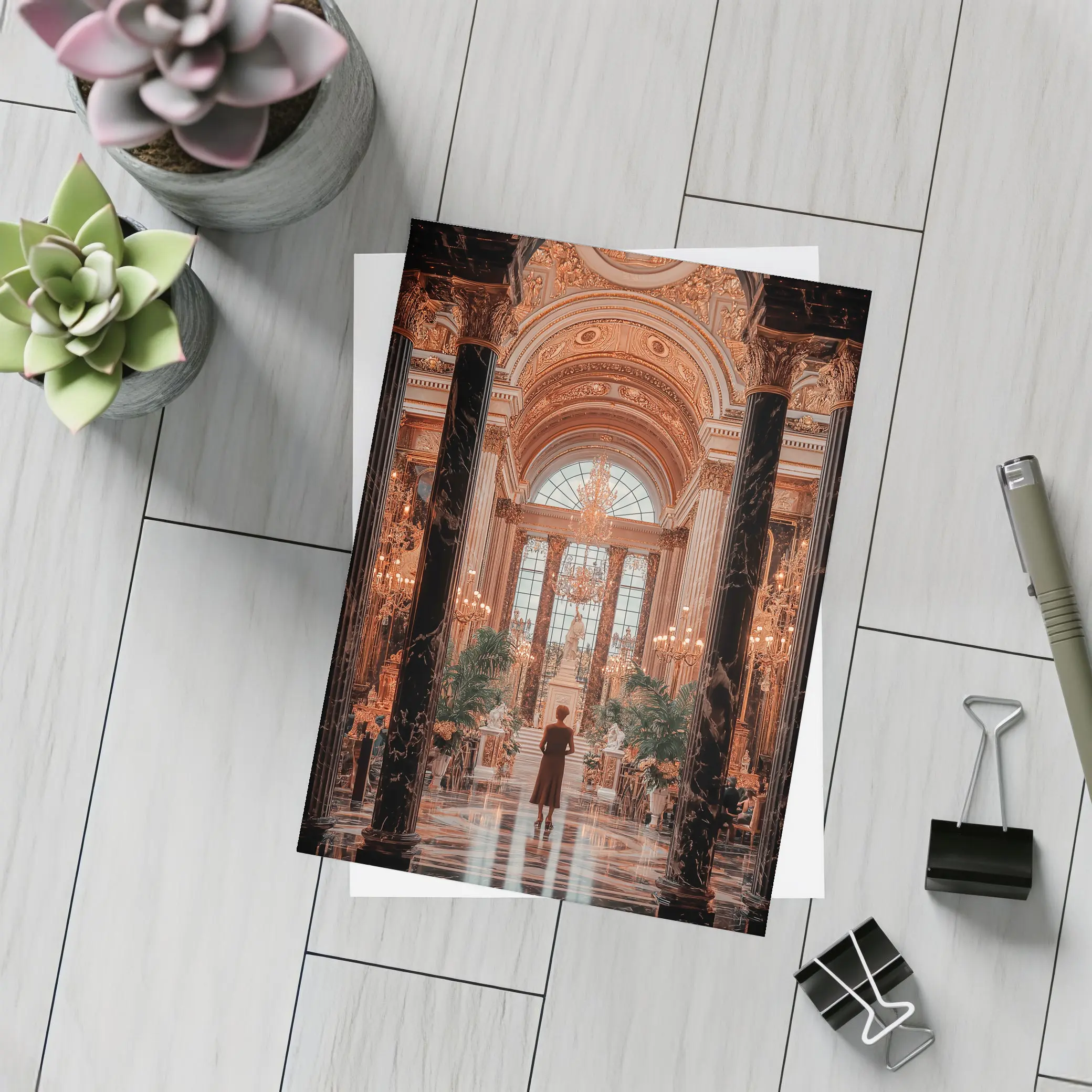 Woman Standing in Grand Baroque Palace Hall – Postcards