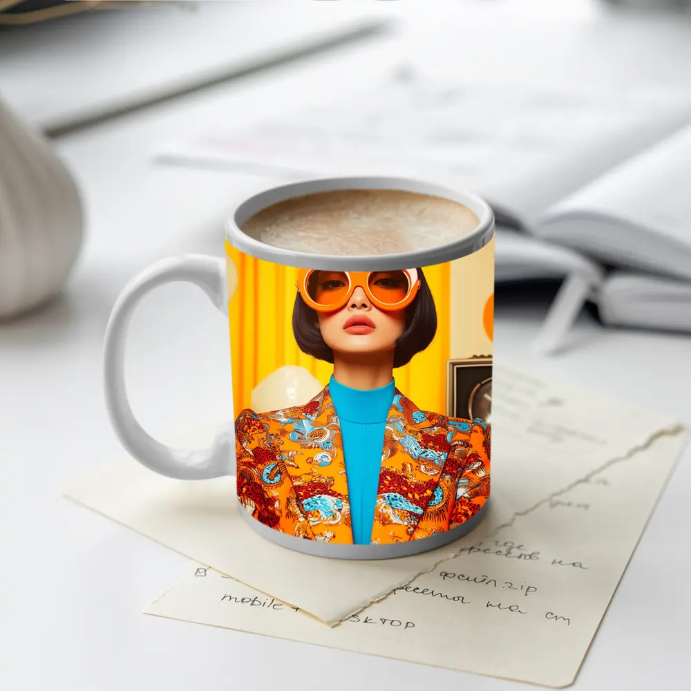 Retro Woman Orange Sunglasses Bold Fashion Portrait – Mugs