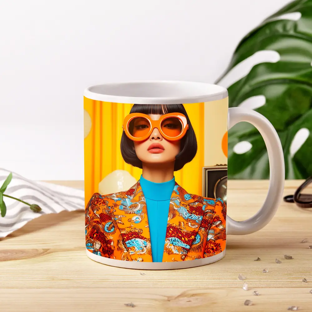 Retro Woman Orange Sunglasses Bold Fashion Portrait – Mugs