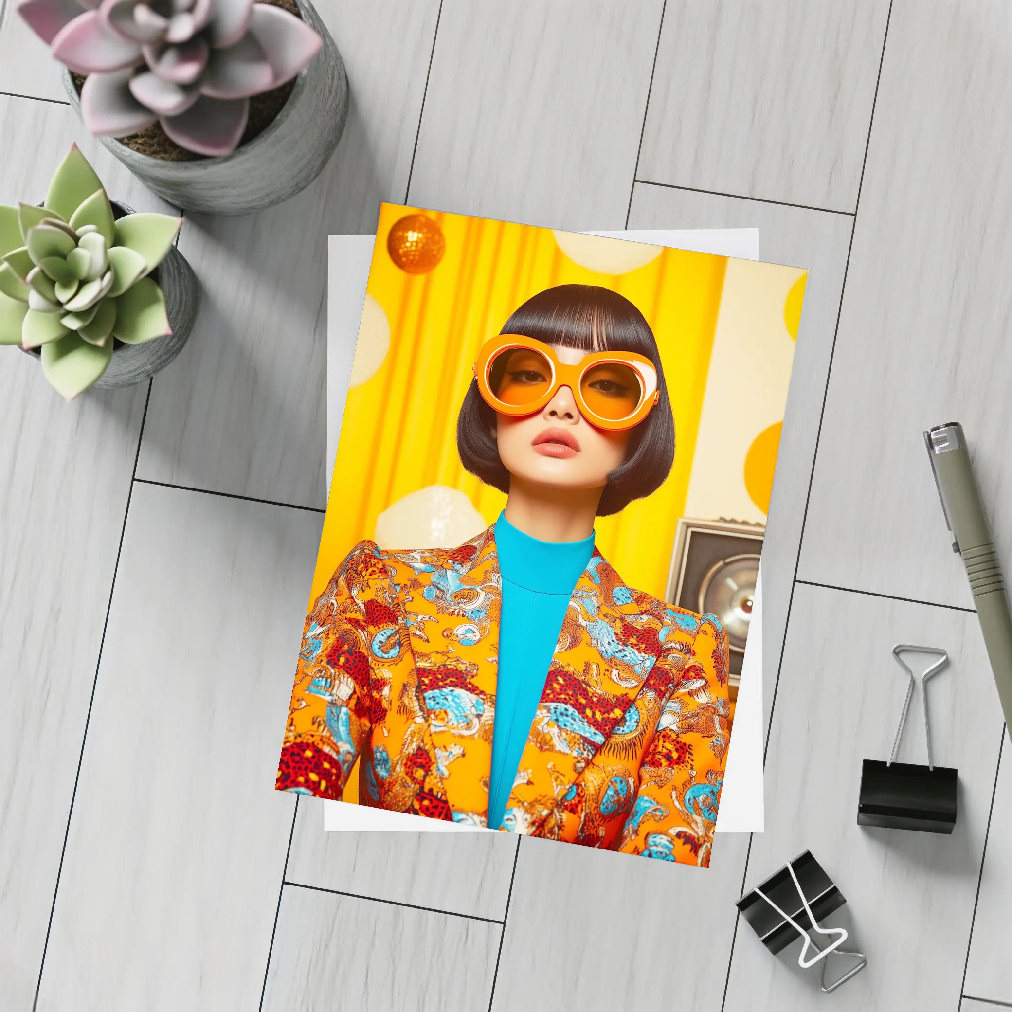 Retro Woman Orange Sunglasses Bold Fashion Portrait – Postcards