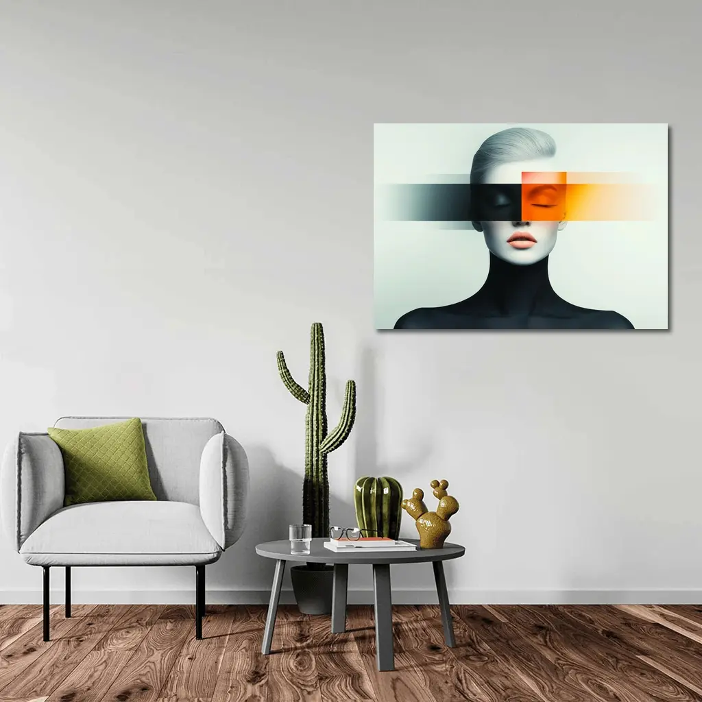 Abstract Woman Portrait Orange Black Geometric Art – Wall Art