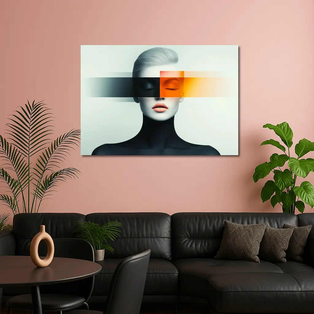 Abstract Woman Portrait Orange Black Geometric Art – Wall Art