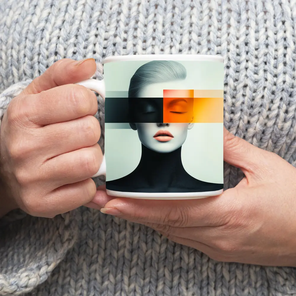 Abstract Woman Portrait Orange Black Geometric Art – Mugs