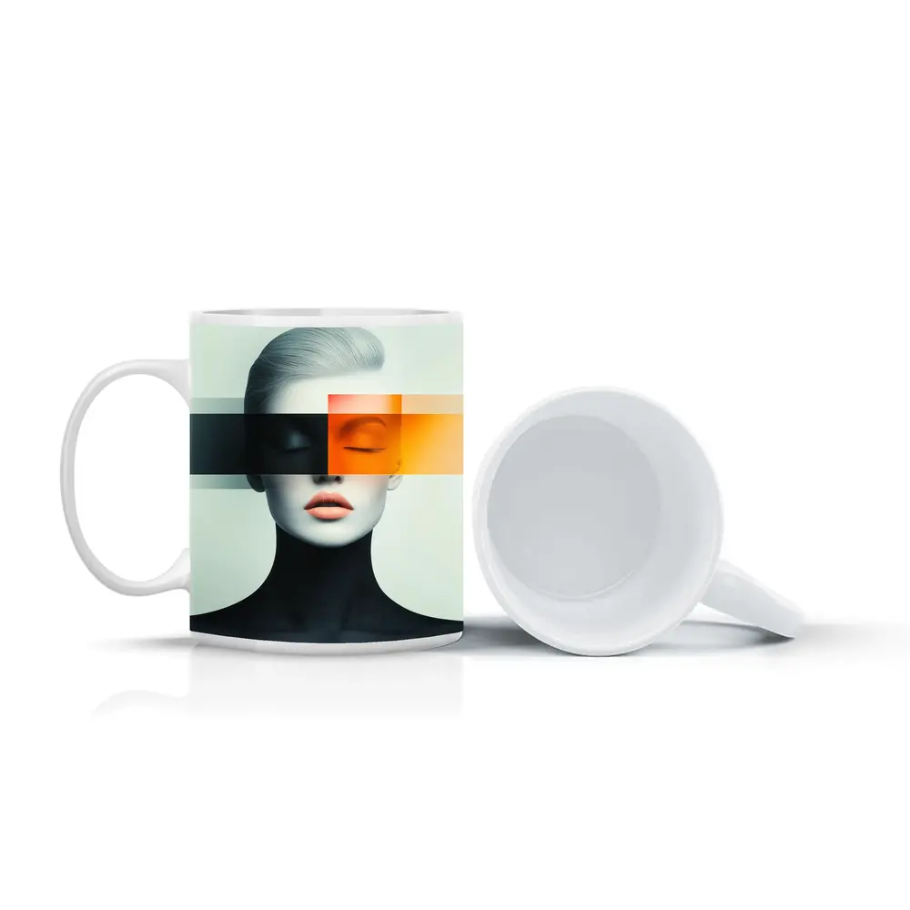 Abstract Woman Portrait Orange Black Geometric Art – Mugs