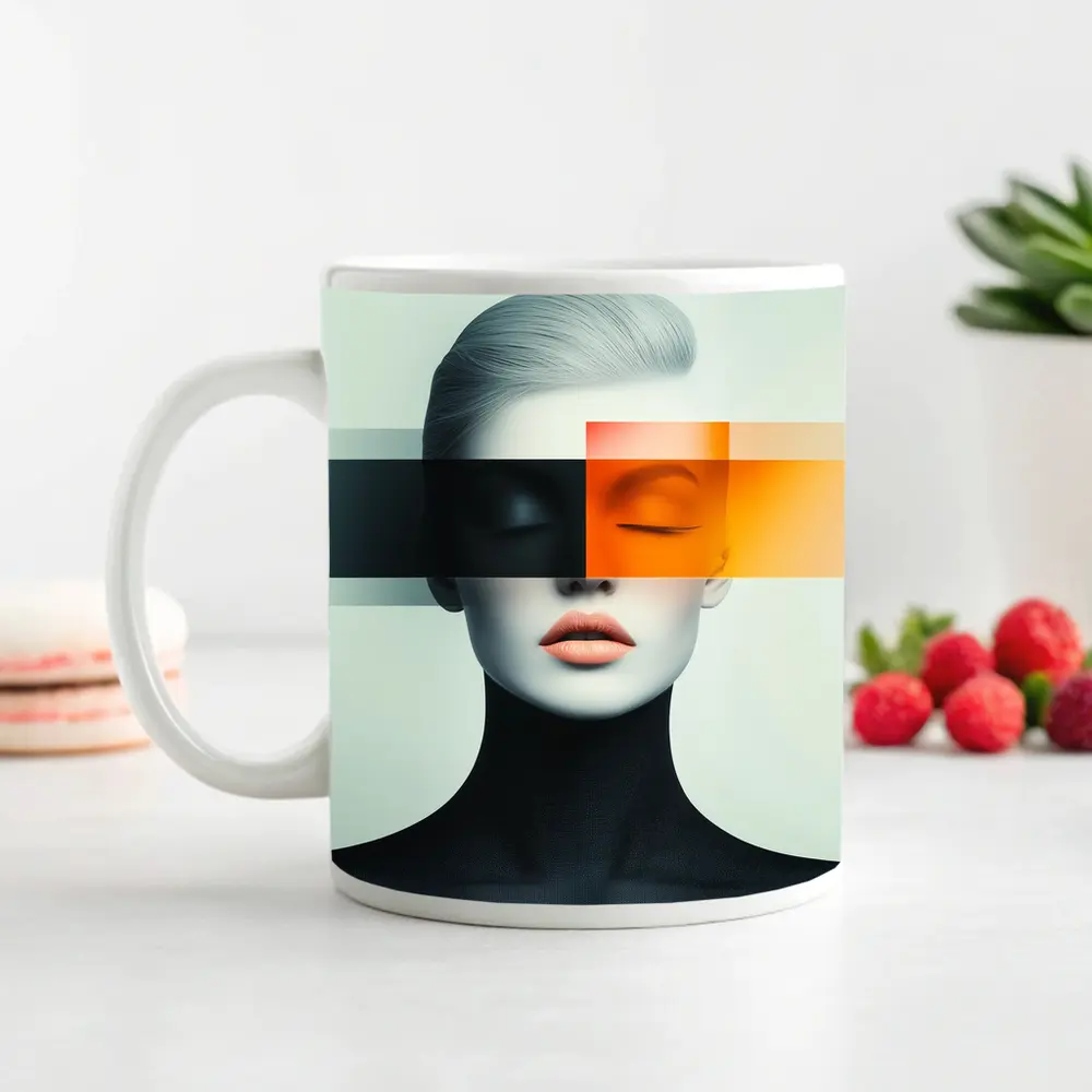 Abstract Woman Portrait Orange Black Geometric Art – Mugs