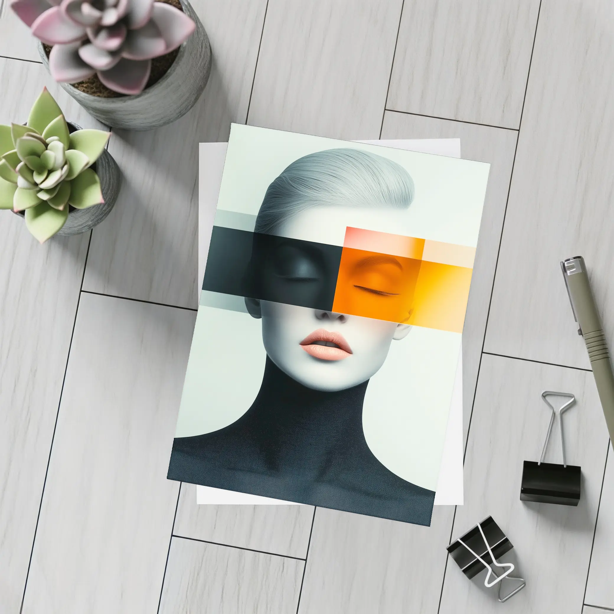 Abstract Woman Portrait Orange Black Geometric Art – Postcards