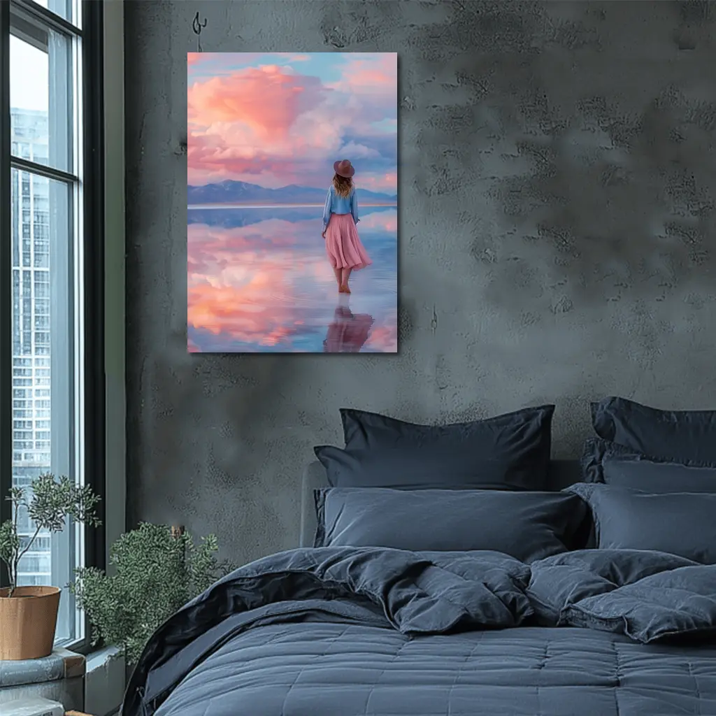 Woman Walking Pink Sky Salt Flats – Wall Art