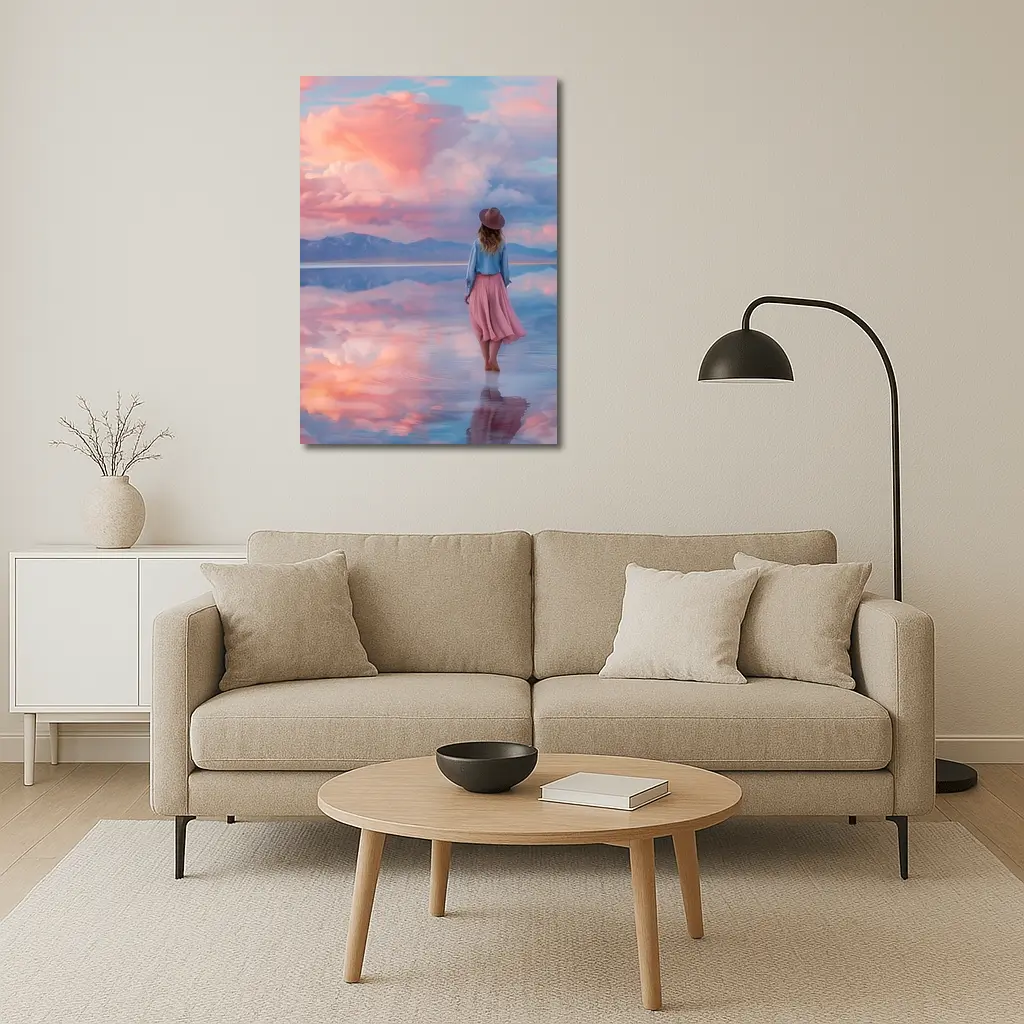 Woman Walking Pink Sky Salt Flats – Wall Art