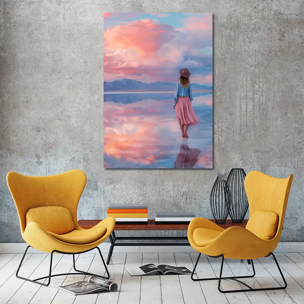 Woman Walking Pink Sky Salt Flats – Wall Art