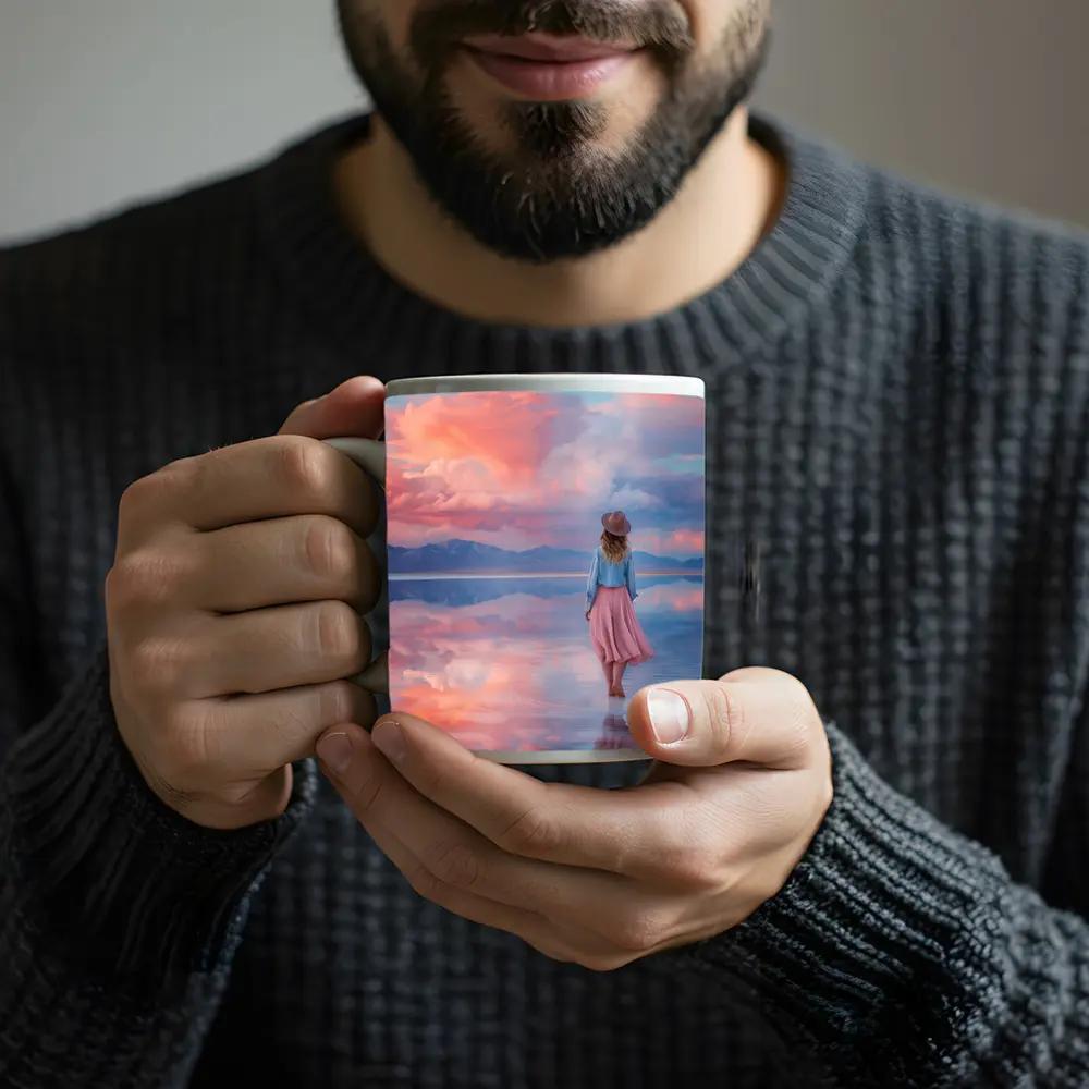 Woman Walking Pink Sky Salt Flats – Mugs