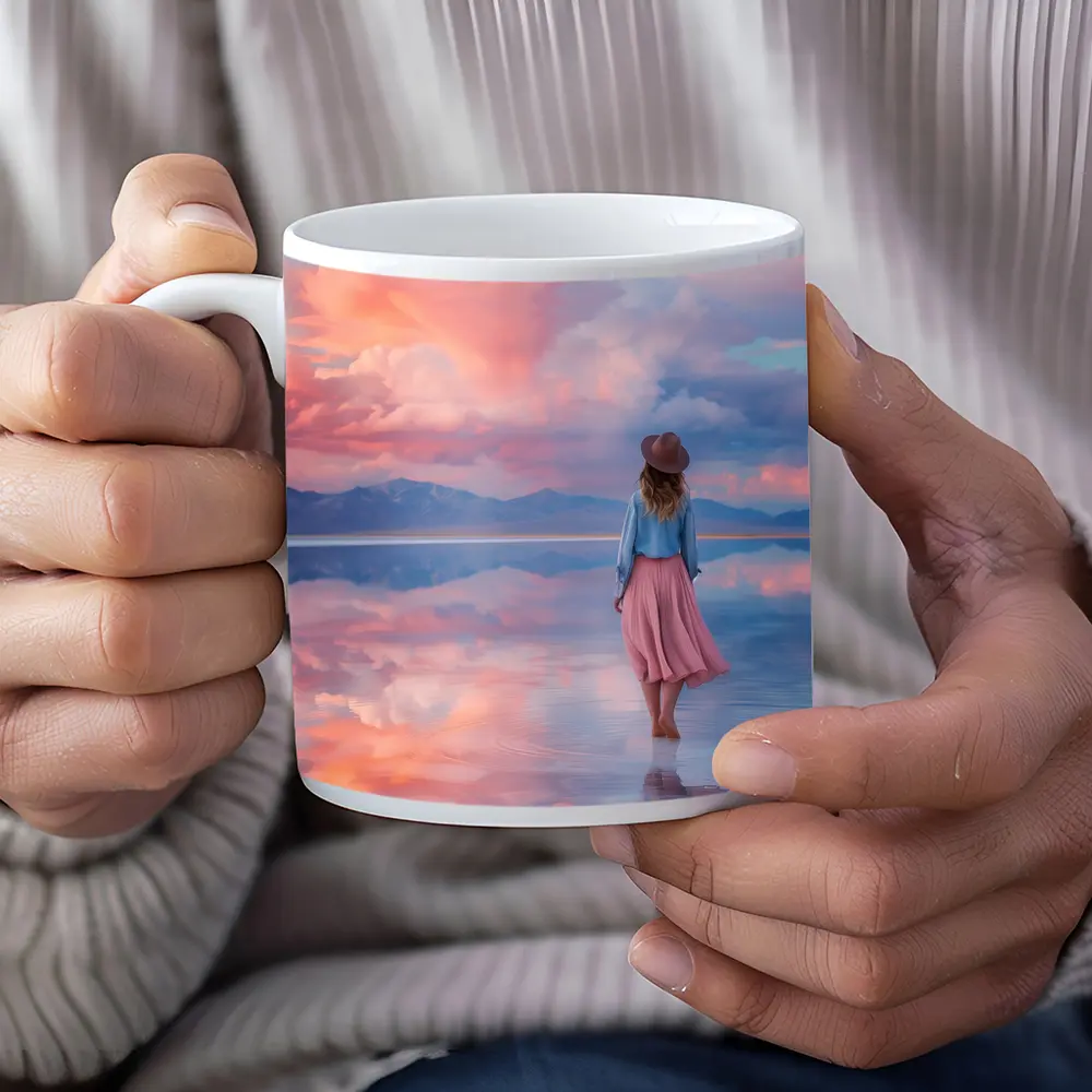 Woman Walking Pink Sky Salt Flats – Mugs