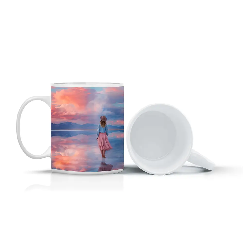 Woman Walking Pink Sky Salt Flats – Mugs