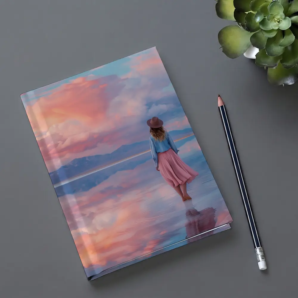 Woman Walking Pink Sky Salt Flats – Notebooks