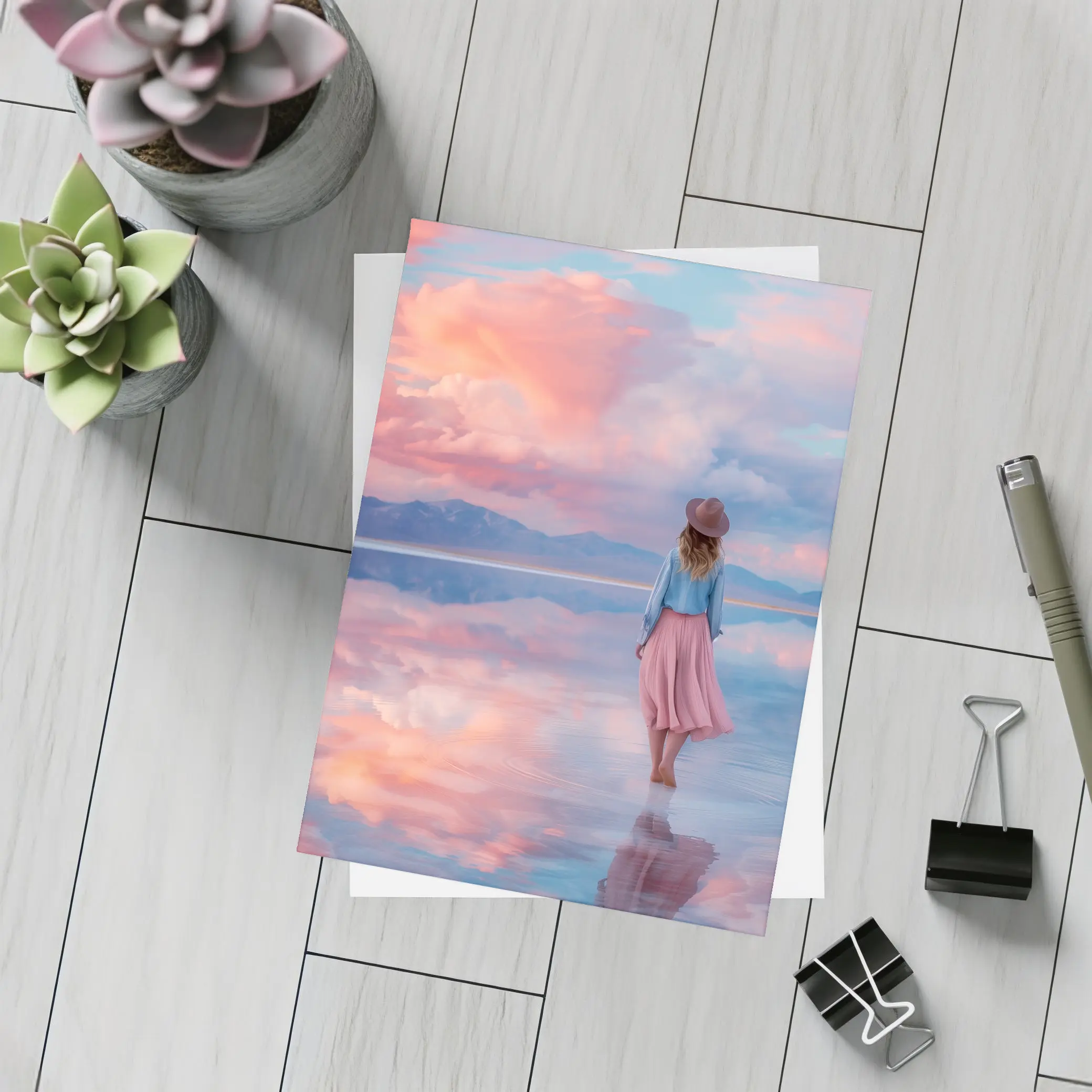 Woman Walking Pink Sky Salt Flats – Postcards