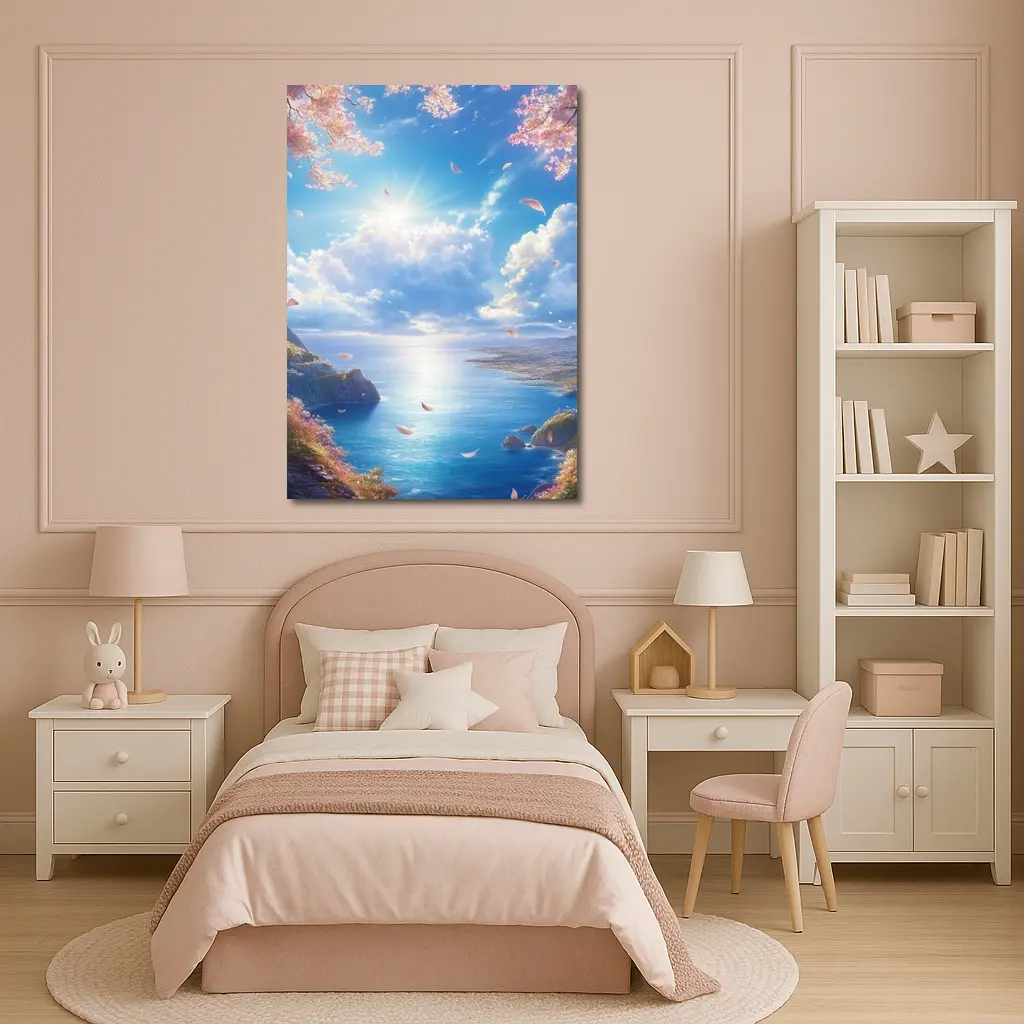 Cherry Blossom Petals Over Blue Ocean – Wall Art