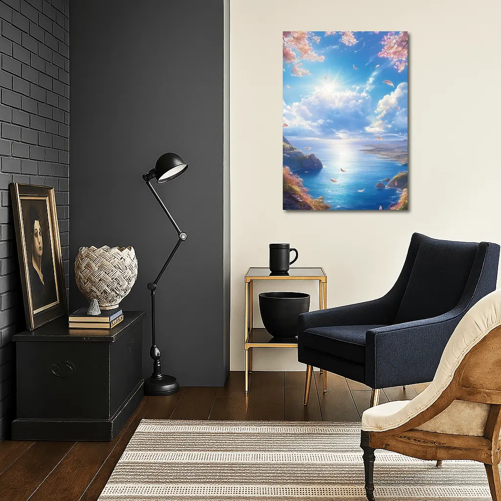 Cherry Blossom Petals Over Blue Ocean – Wall Art