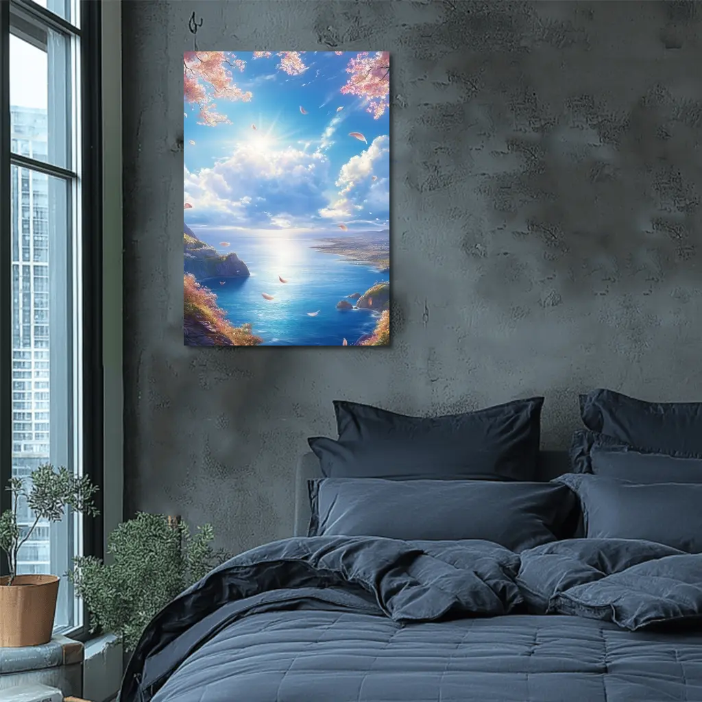 Cherry Blossom Petals Over Blue Ocean – Wall Art