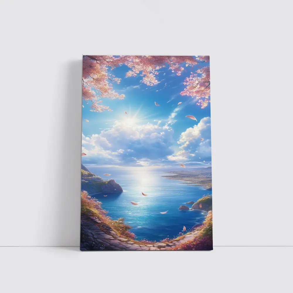 Cherry Blossom Petals Over Blue Ocean – Wall Art
