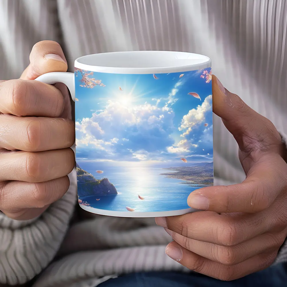 Cherry Blossom Petals Over Blue Ocean – Mugs